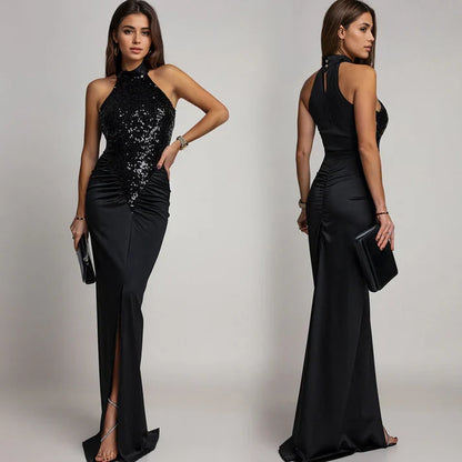 Isabella - Vestido halter con abertura y lentejuelas