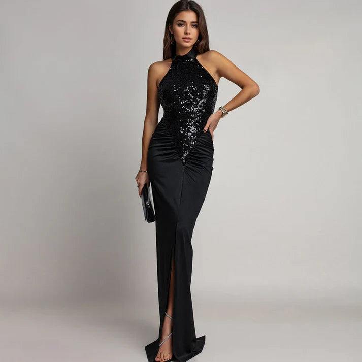 Isabella - Vestido halter con abertura y lentejuelas