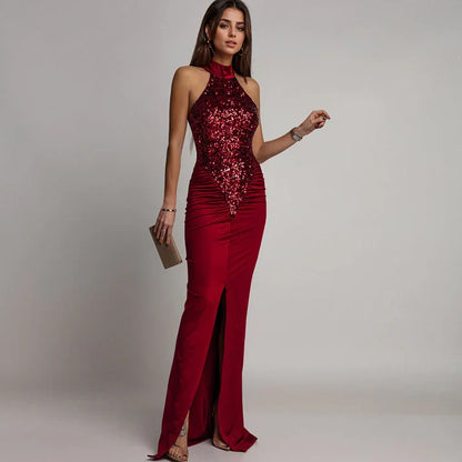 Isabella - Vestido halter con abertura y lentejuelas