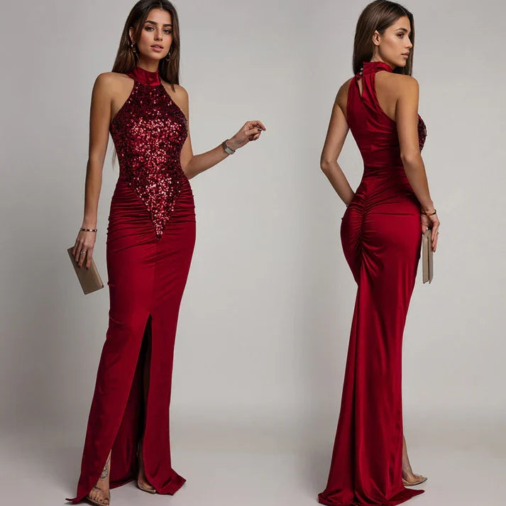 Isabella - Vestido halter con abertura y lentejuelas