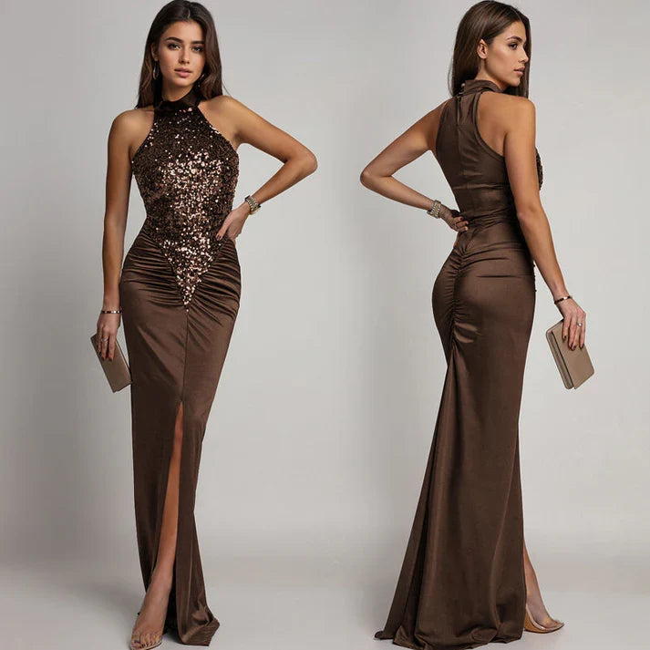 Isabella - Vestido halter con abertura y lentejuelas