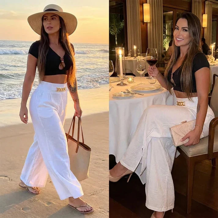 Casiana - Pantalones anchos de tiro alto con detalle de cinturón