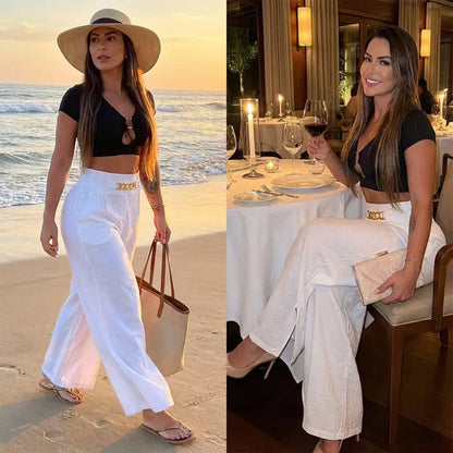 Casiana - Pantalones anchos de tiro alto con detalle de cinturón
