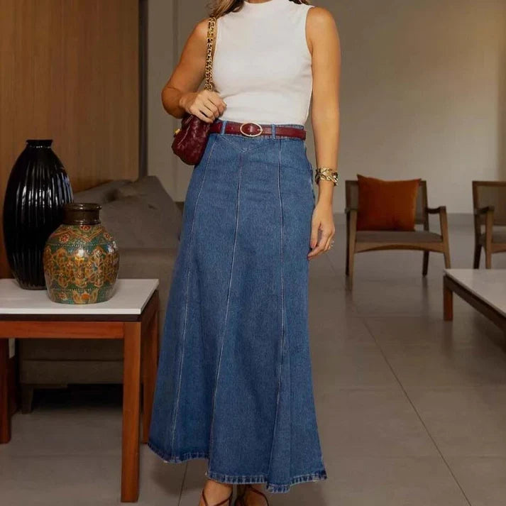 Liliana - Falda denim midi en línea A de tiro alto