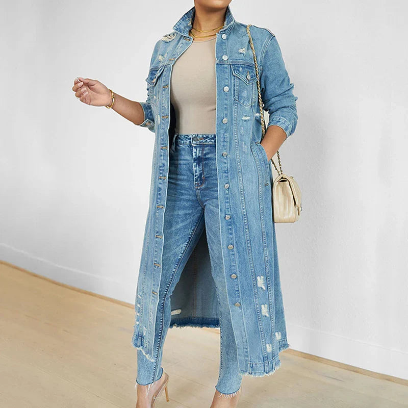 Olivia - Chaqueta denim larga con roturas