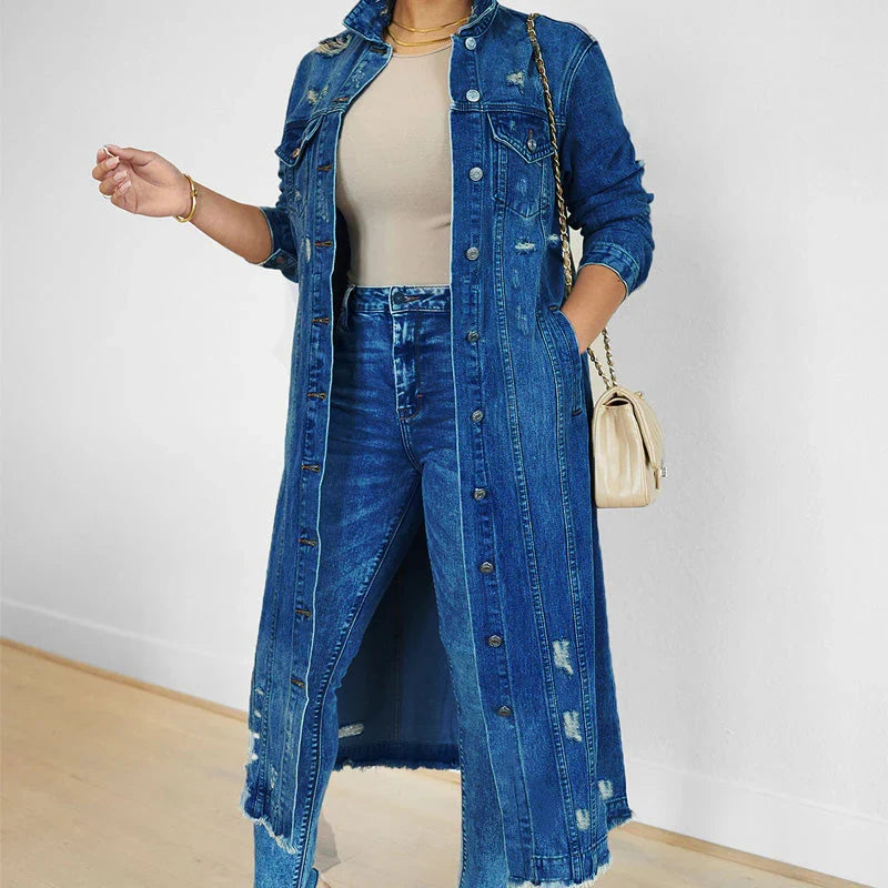 Olivia - Chaqueta denim larga con roturas