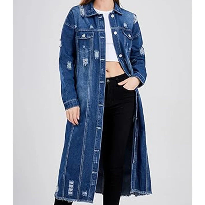 Olivia - Chaqueta denim larga con roturas
