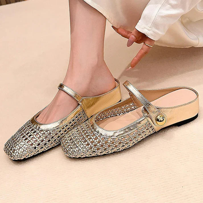 Lucía - Mules de tejido de textura trenzada con punta cuadrada y cierre Mary Jane