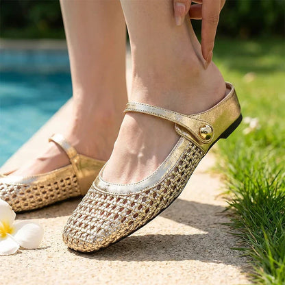 Lucía - Mules de tejido de textura trenzada con punta cuadrada y cierre Mary Jane