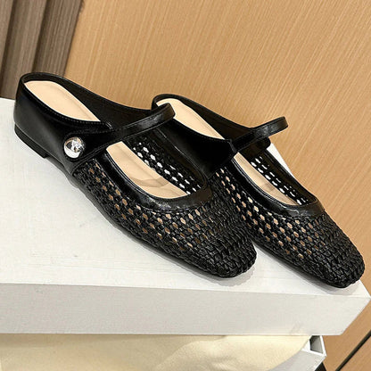 Lucía - Mules de tejido de textura trenzada con punta cuadrada y cierre Mary Jane