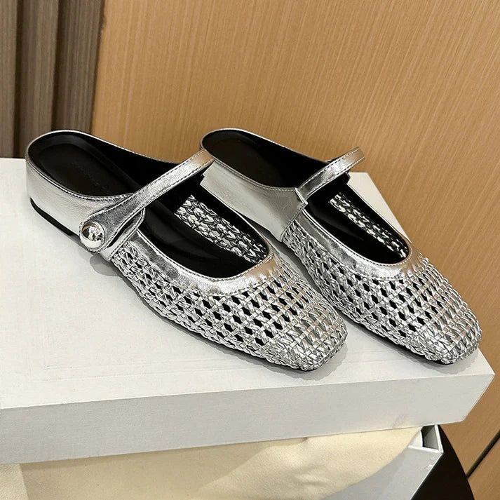 Lucía - Mules de tejido de textura trenzada con punta cuadrada y cierre Mary Jane