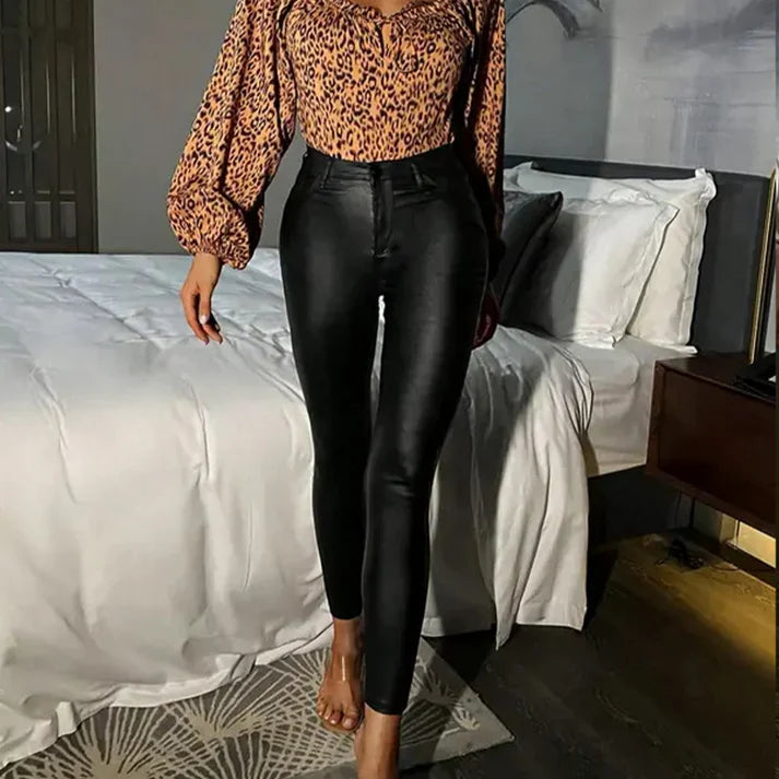 Celia - Pantalones ajustados efecto piel de tiro alto