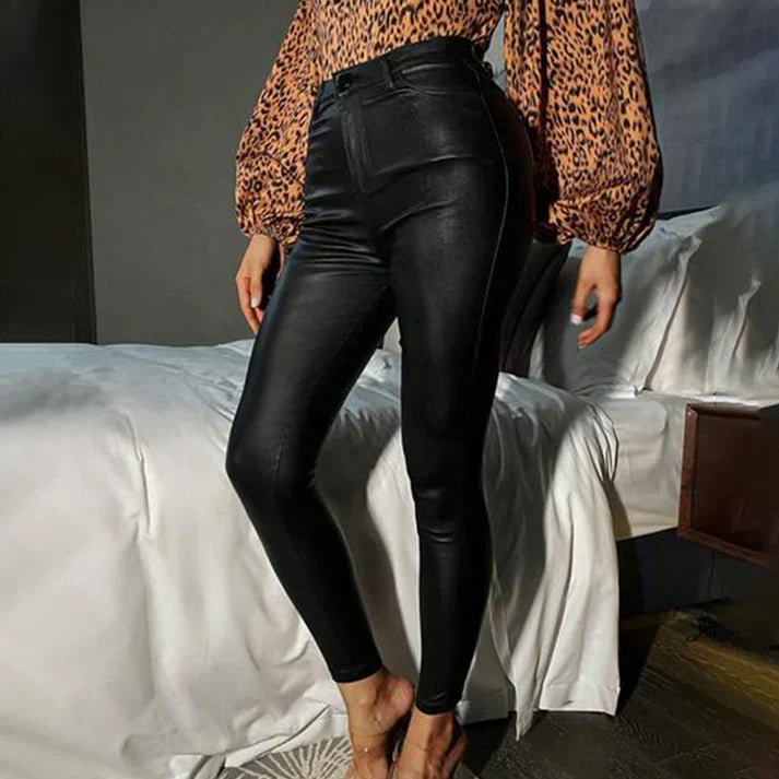 Celia - Pantalones ajustados efecto piel de tiro alto