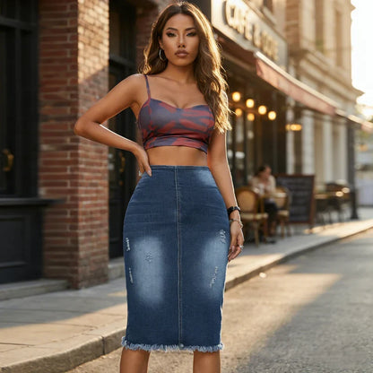 Ariadna - Falda denim de tiro alto con bajo deshilachado
