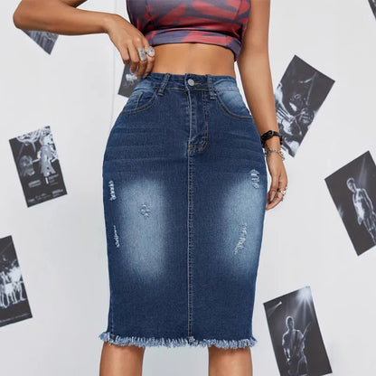 Ariadna - Falda denim de tiro alto con bajo deshilachado