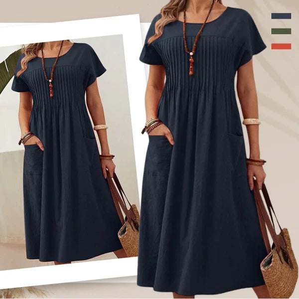 Emma - Vestido de textura plisada con mangas cortas y bolsillos