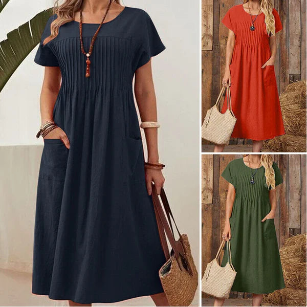 Emma - Vestido de textura plisada con mangas cortas y bolsillos