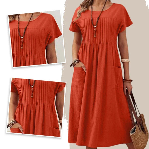 Emma - Vestido de textura plisada con mangas cortas y bolsillos