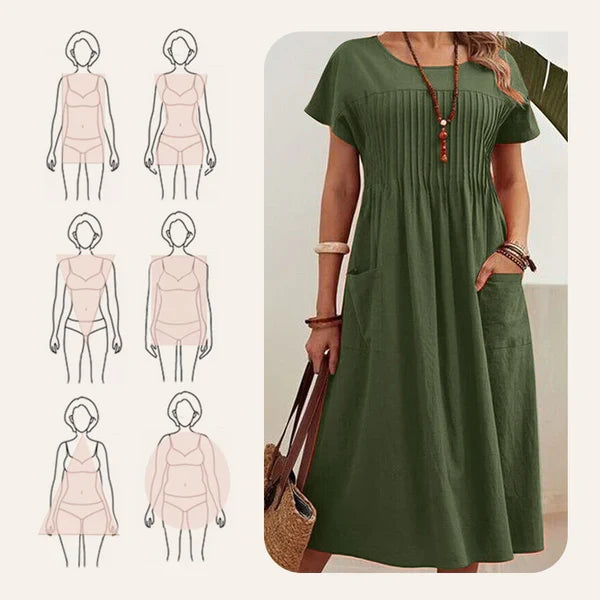 Emma - Vestido de textura plisada con mangas cortas y bolsillos