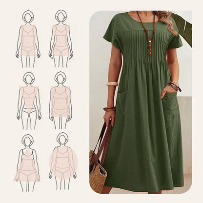 Emma - Vestido de textura plisada con mangas cortas y bolsillos
