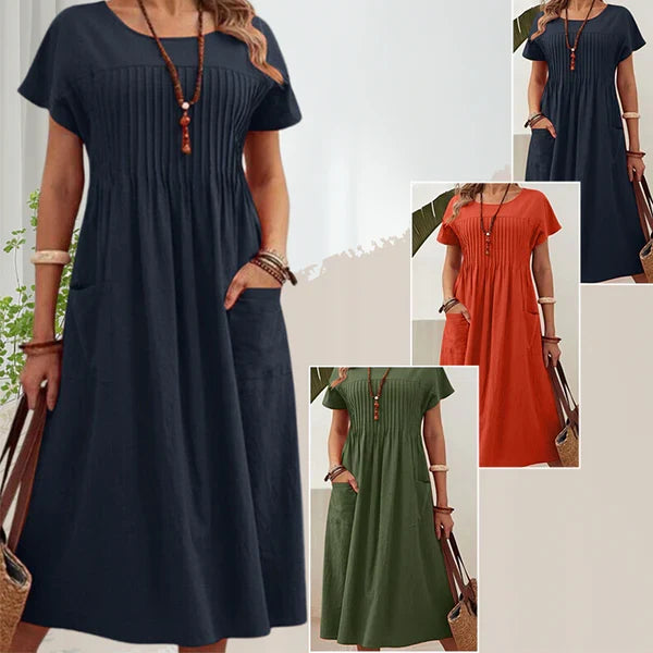 Emma - Vestido de textura plisada con mangas cortas y bolsillos
