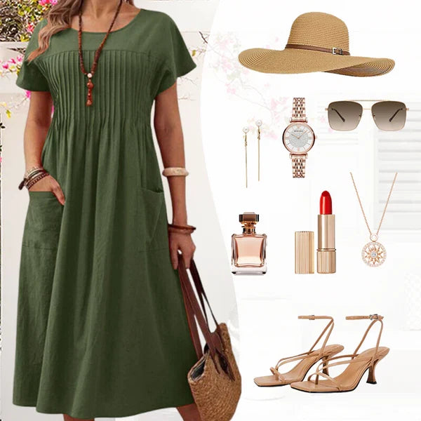 Emma - Vestido de textura plisada con mangas cortas y bolsillos