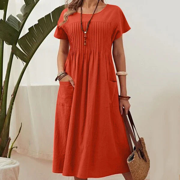 Emma - Vestido de textura plisada con mangas cortas y bolsillos