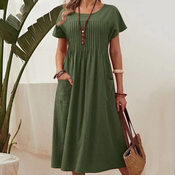 Emma - Vestido de textura plisada con mangas cortas y bolsillos