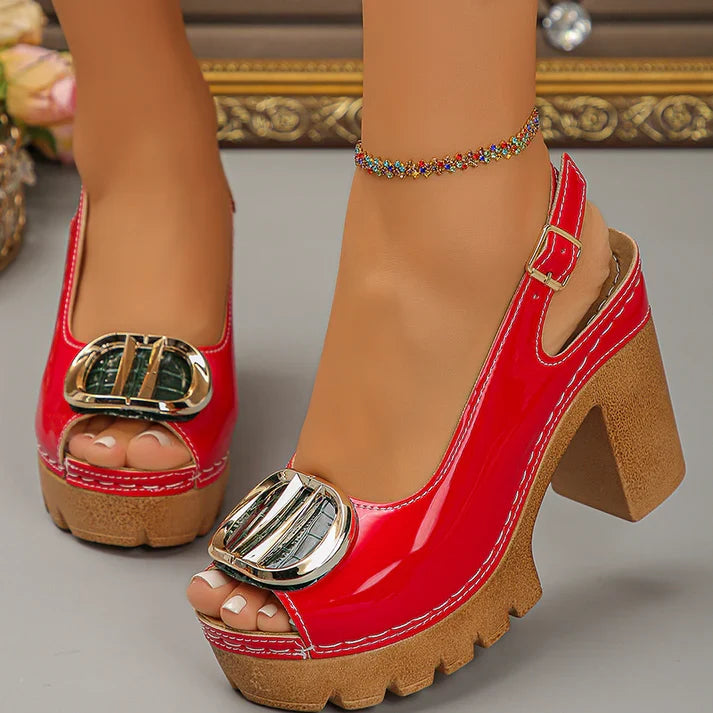 Abril - Sandalias peeptoe de tacón ancho con hebilla metálica