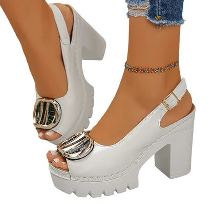 Abril - Sandalias peeptoe de tacón ancho con hebilla metálica
