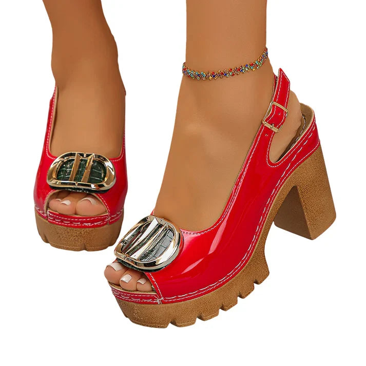 Abril - Sandalias peeptoe de tacón ancho con hebilla metálica