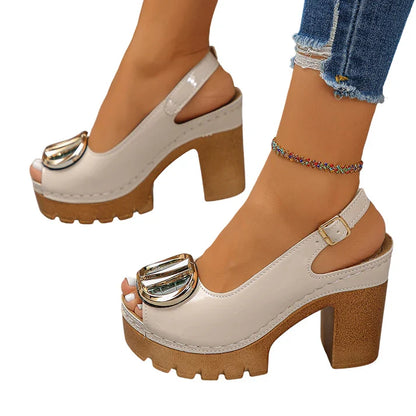 Abril - Sandalias peeptoe de tacón ancho con hebilla metálica