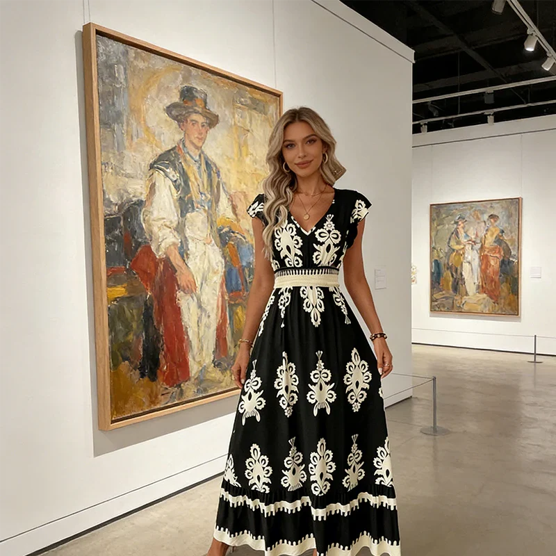 María - Vestido largo barroco con escote de pico