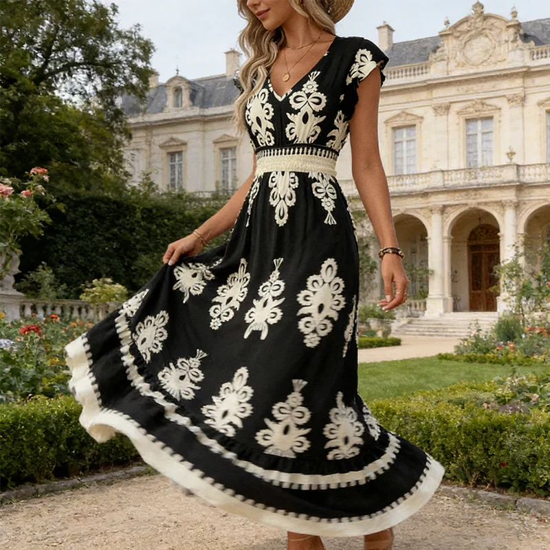 Renata - Vestido largo barroco con escote de pico