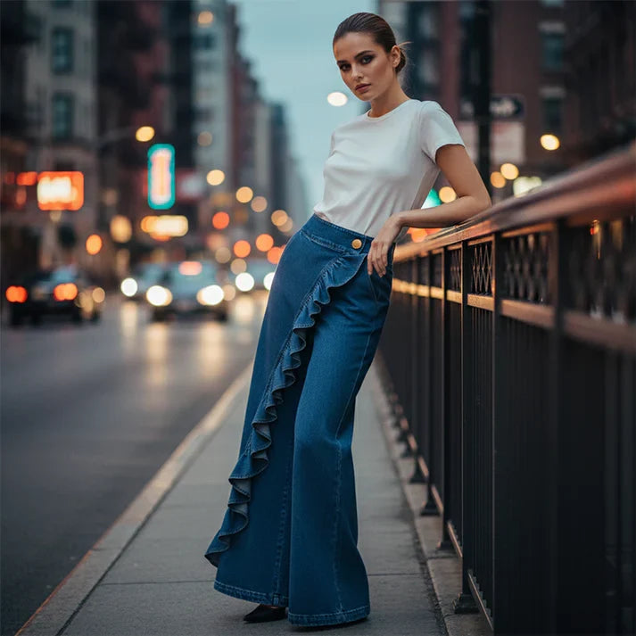 Rebeca - Pantalones denims asimétricos con volante y pernera amplia