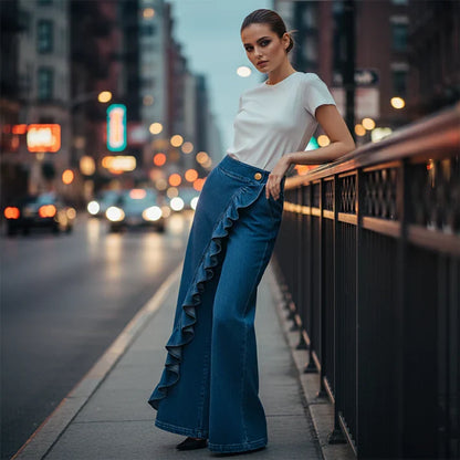 Rebeca - Pantalones denims asimétricos con volante y pernera amplia