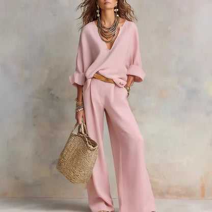 Alicia - Conjunto con top de escote de pico y pantalón amplio