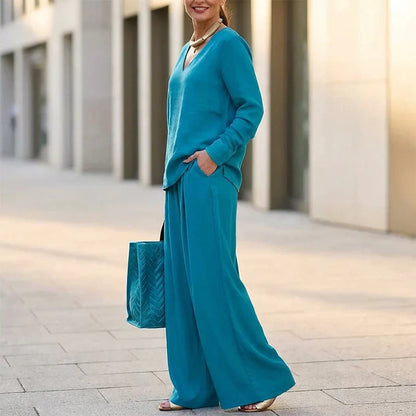 Amalia - Conjunto cómodo con cuello en V y pantalones de pernera amplia