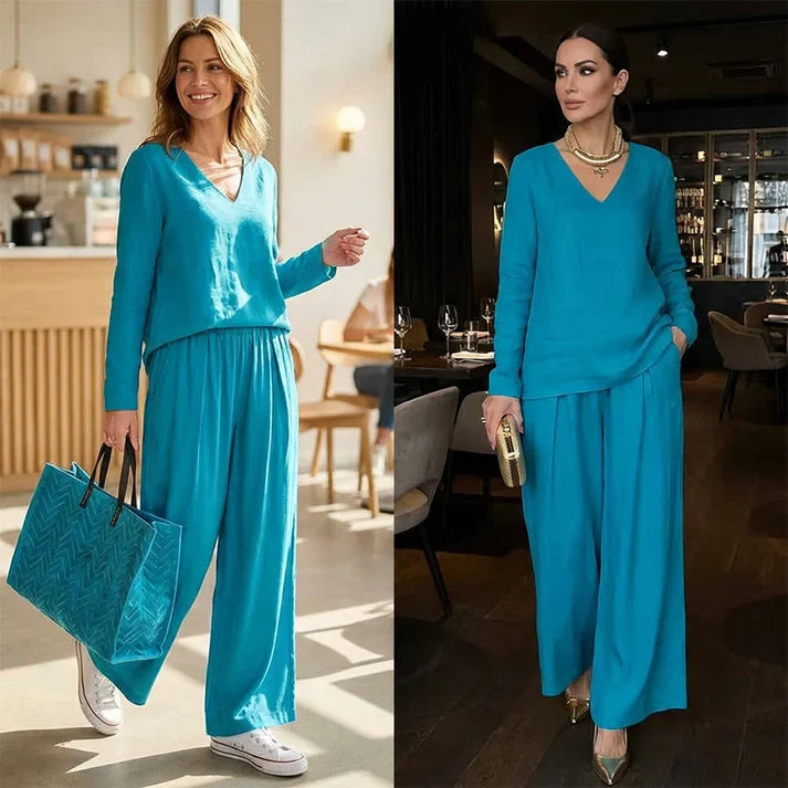 Amalia - Conjunto cómodo con cuello en V y pantalones de pernera amplia