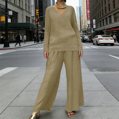 Amalia - Conjunto cómodo con cuello en V y pantalones de pernera amplia