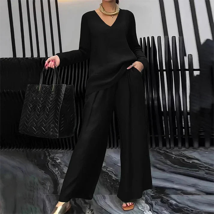 Amalia - Conjunto cómodo con cuello en V y pantalones de pernera amplia