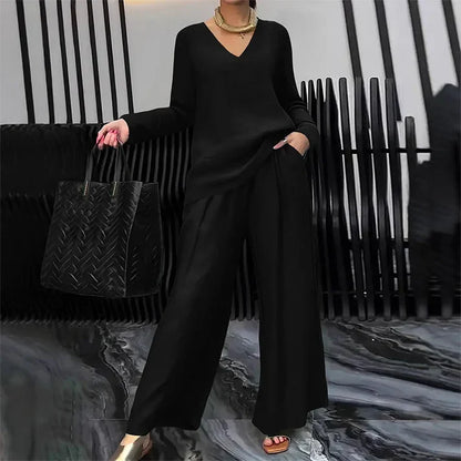 Amalia - Conjunto cómodo con cuello en V y pantalones de pernera amplia