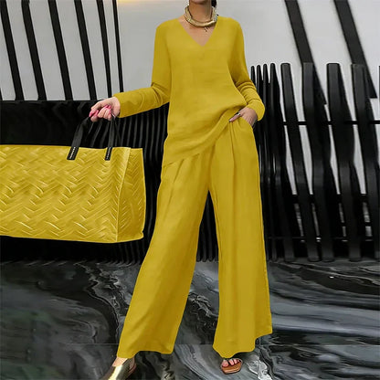 Amalia - Conjunto cómodo con cuello en V y pantalones de pernera amplia