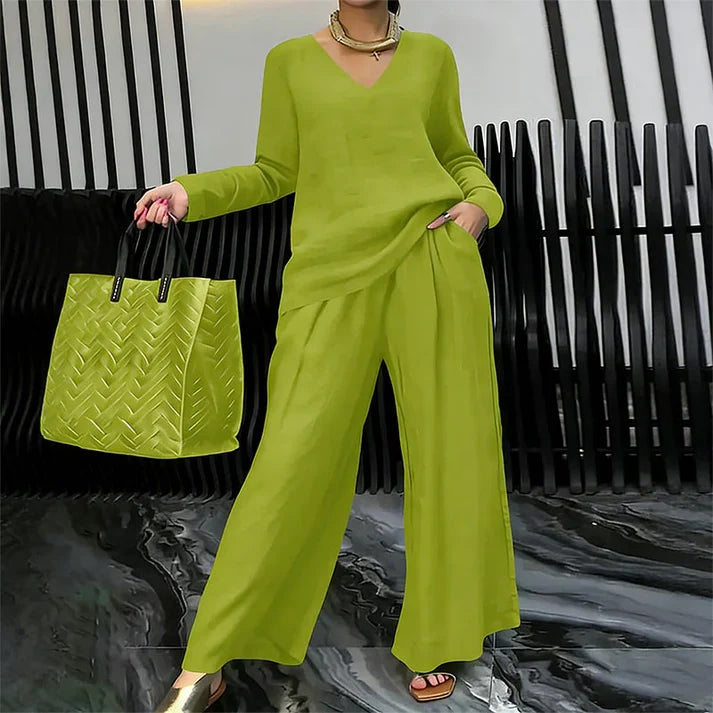 Amalia - Conjunto cómodo con cuello en V y pantalones de pernera amplia