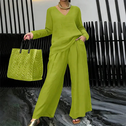 Amalia - Conjunto cómodo con cuello en V y pantalones de pernera amplia