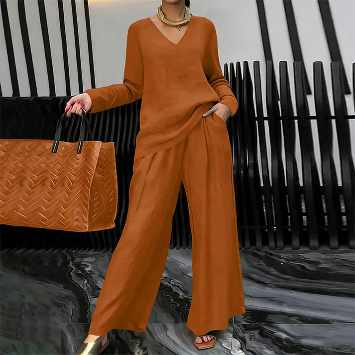 Amalia - Conjunto cómodo con cuello en V y pantalones de pernera amplia