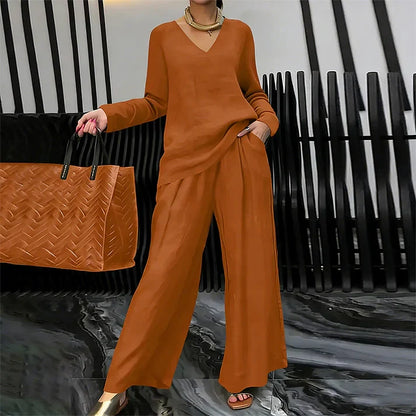 Amalia - Conjunto cómodo con cuello en V y pantalones de pernera amplia