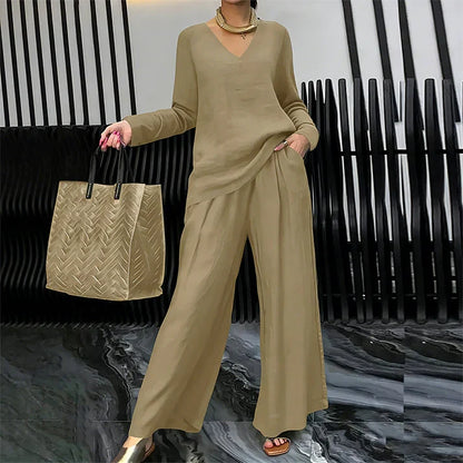 Amalia - Conjunto cómodo con cuello en V y pantalones de pernera amplia