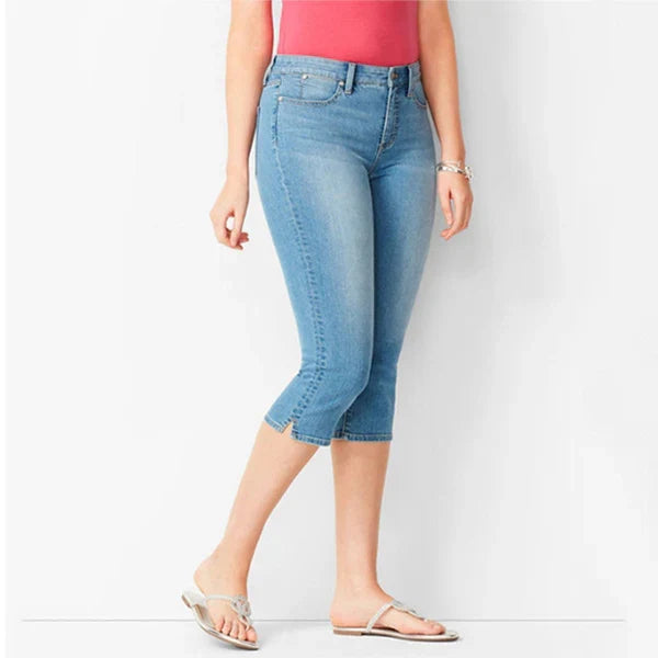 Celira - Pantalón capri denim elástico con abertura lateral