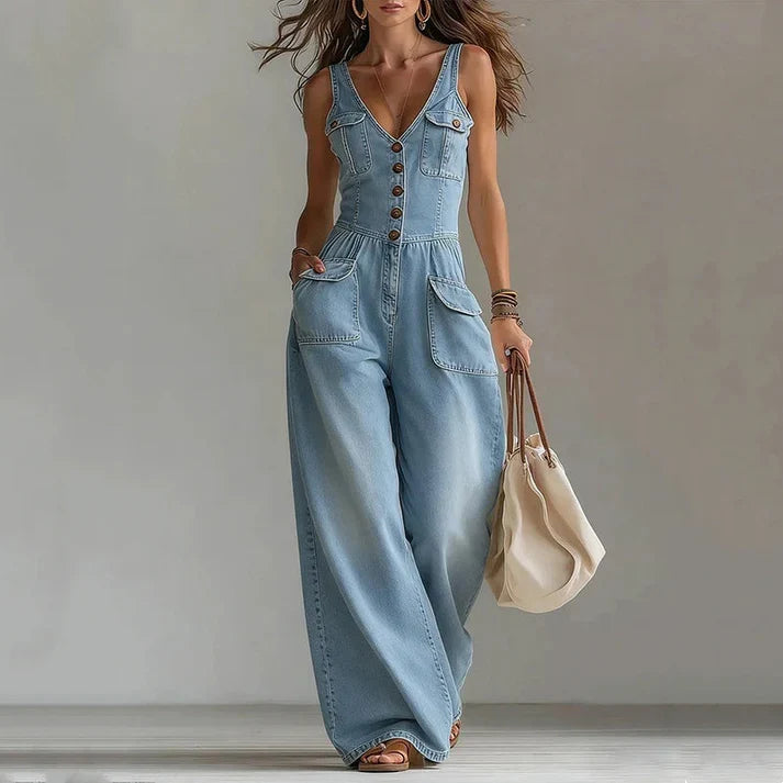 Leonor - Mono denim sin mangas con escote de pico